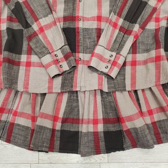 Free People Plaid Hi Lo Tunic Top Ruffle Back Hem Cotton Boho Hippie Size XS - Picture 4 of 12